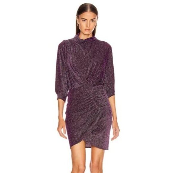 IRO Absalon  Shiny Ruched Dress Silver Burgundy Women's Size 32 - Picture 1 of 9